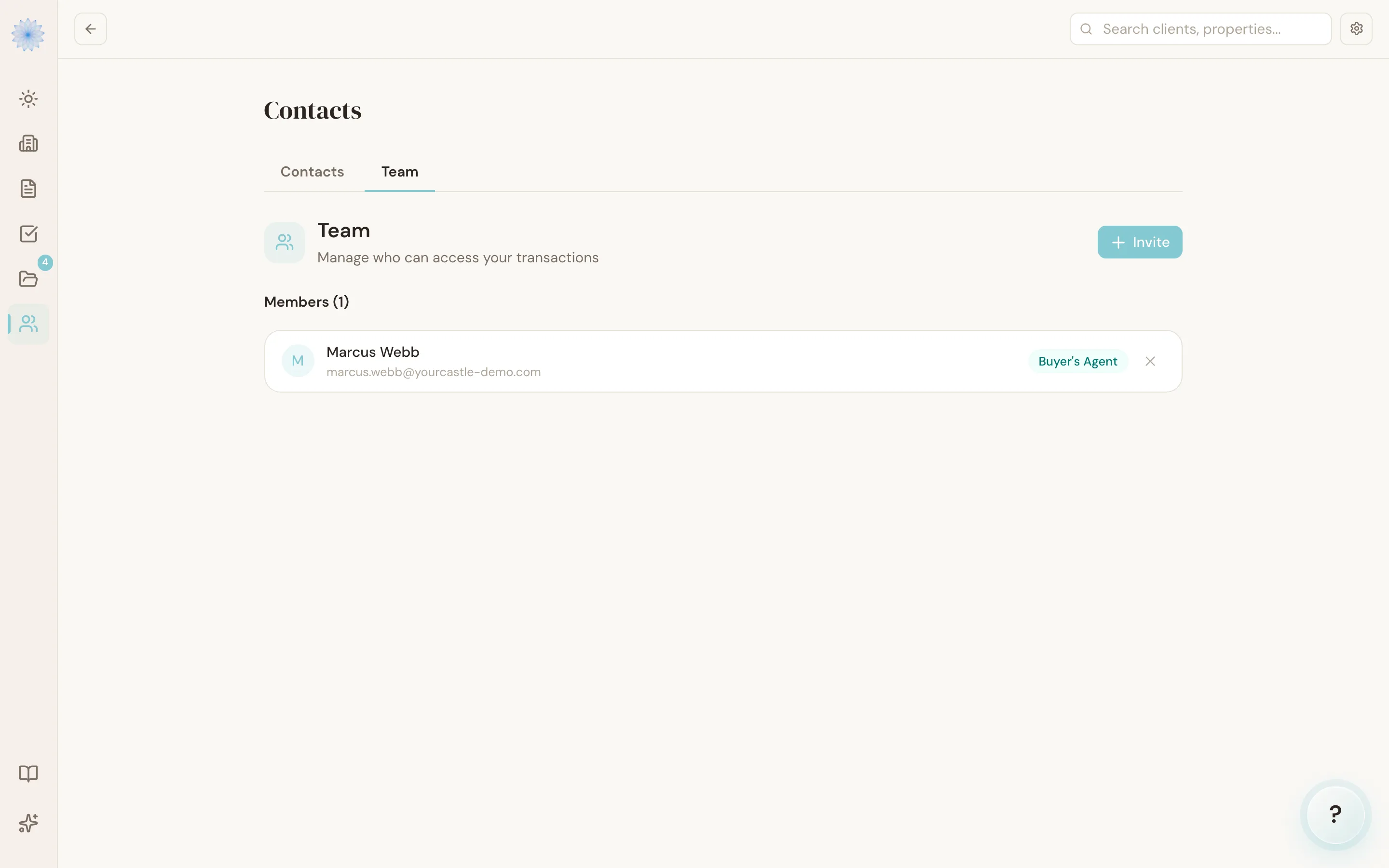 The Team tab on the Contacts page, showing team members and their roles