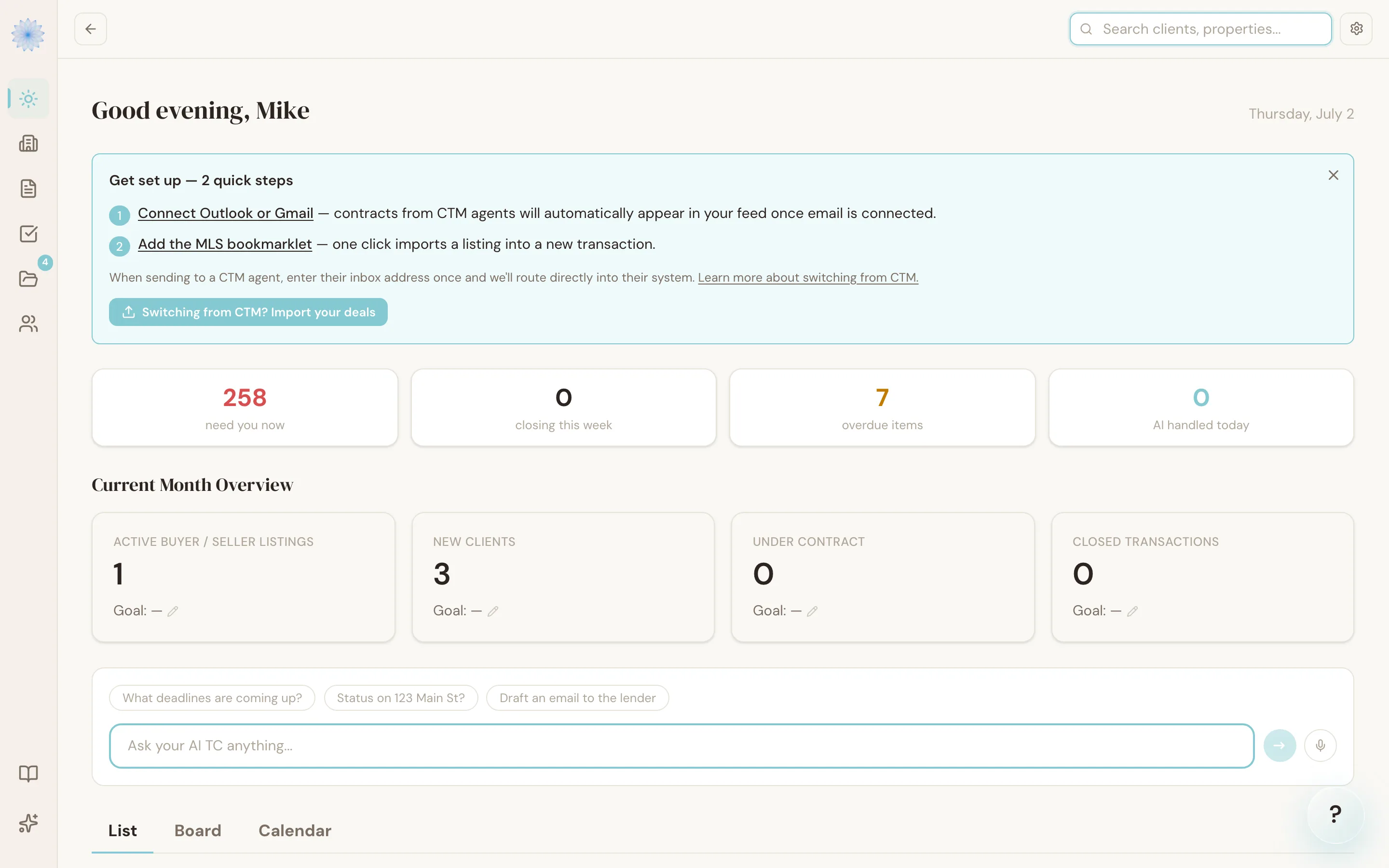 The global search box open, ready to search clients and properties