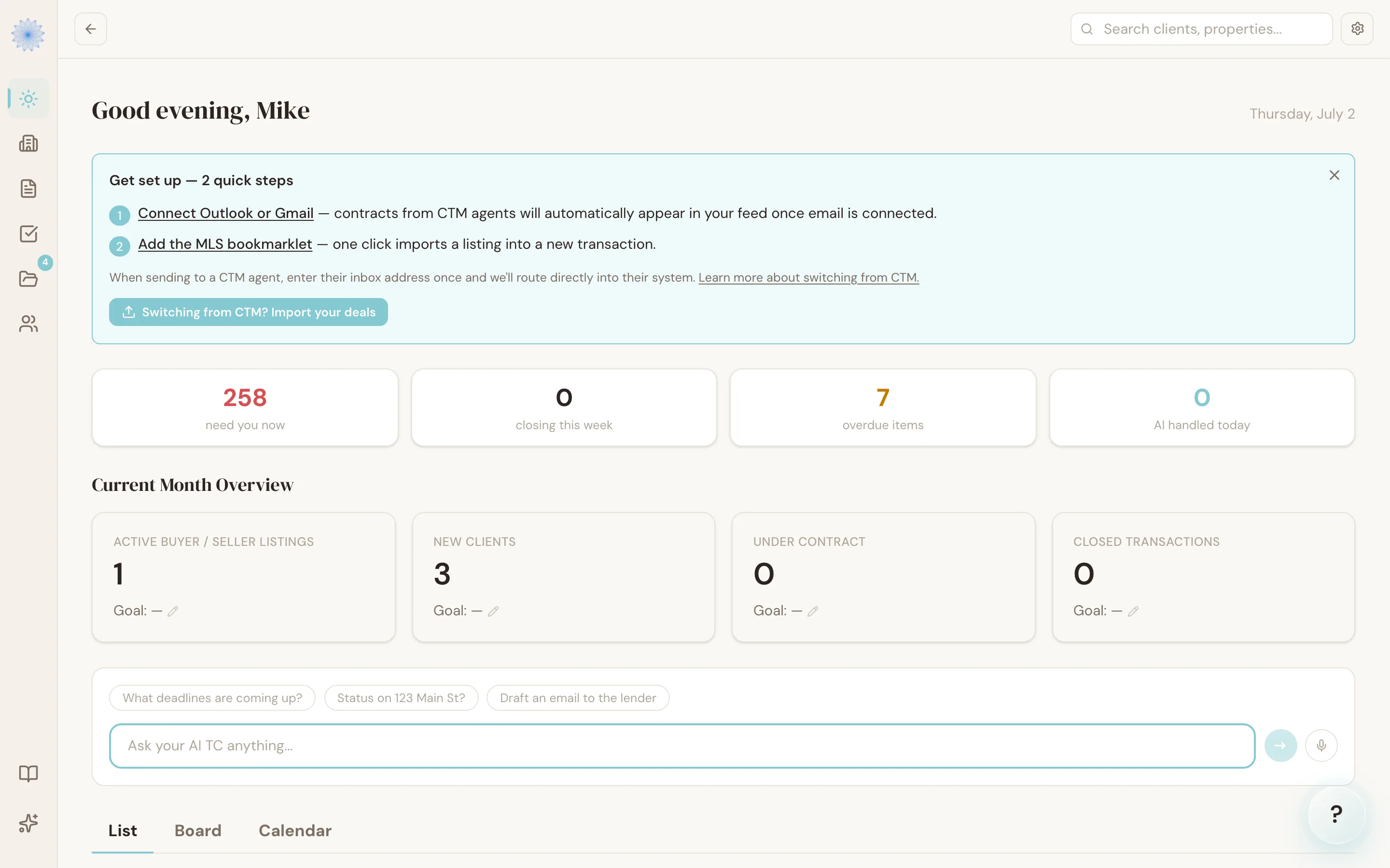 The Home dashboard, showing today's stats, current month overview, and the transaction list