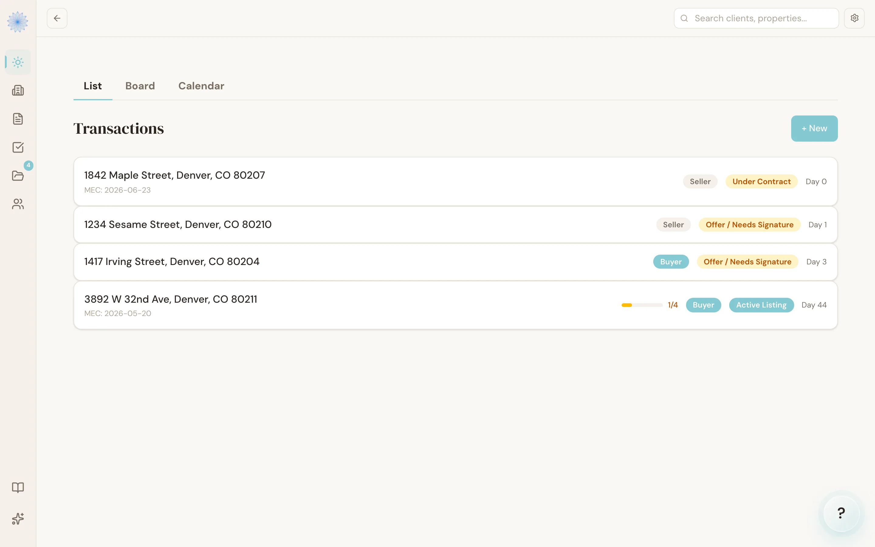 The Transactions list, showing property address, side, stage, and days since MEC for each deal